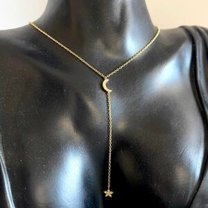 Sterling silver gold plated cz moon and star lariat style necklace
